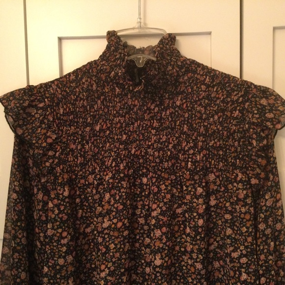 Dark Floral Semi-Sheer Smocked High Neck Ruffle Shoulder Blouse NWT - Picture 5 of 7
